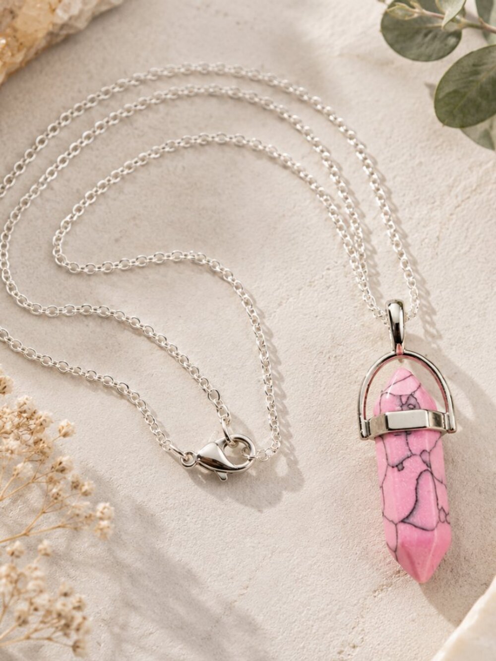 Pink Howlite Quartz Bullet Point Pendant Necklace, Spiritual, Silver Chain